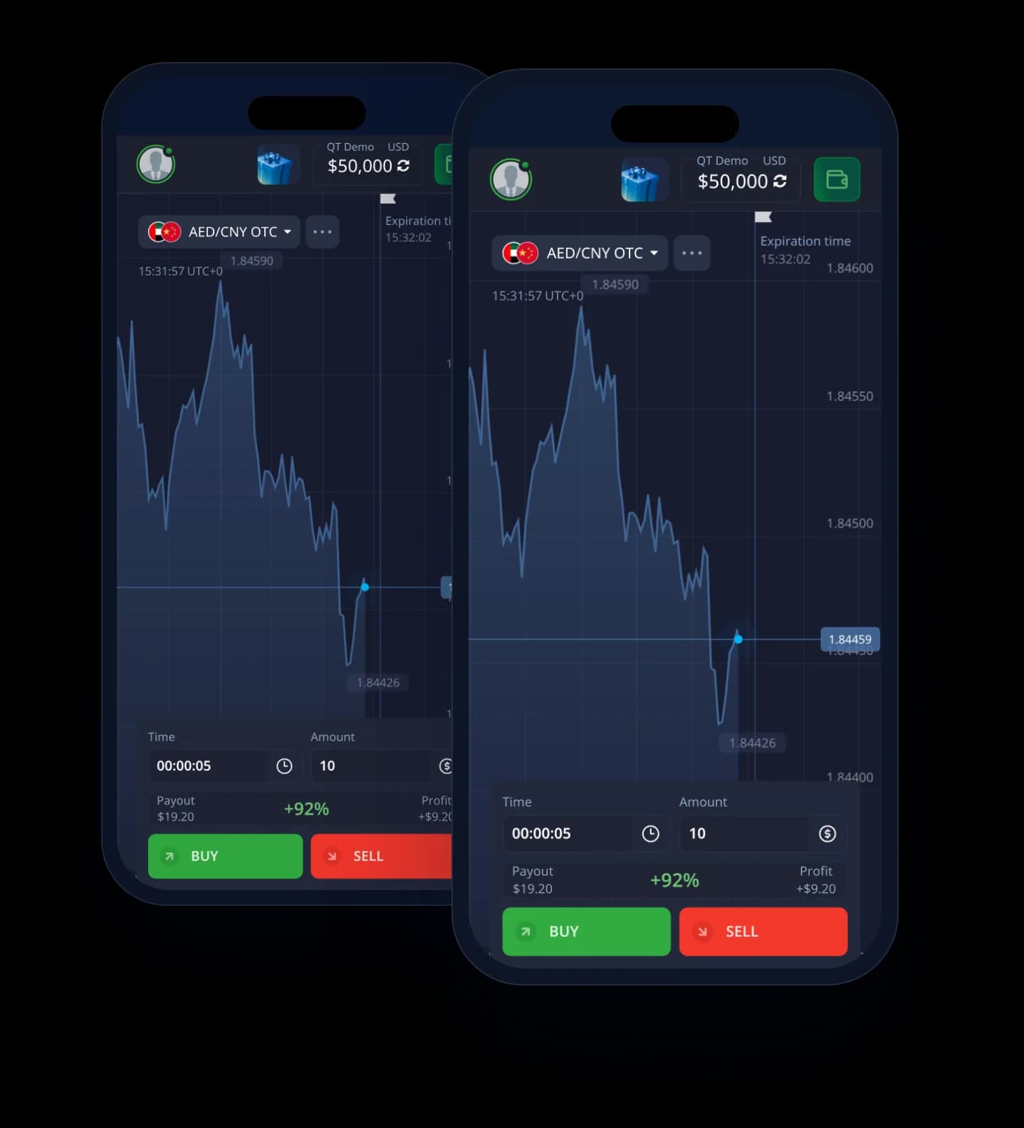 Pocket Option mobile app on two smartphones
