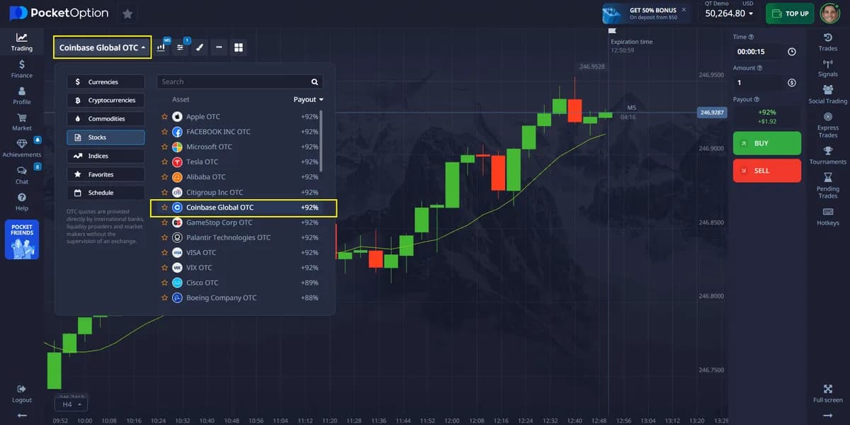 Coinbase OTC candlestick chart on Pocket Option