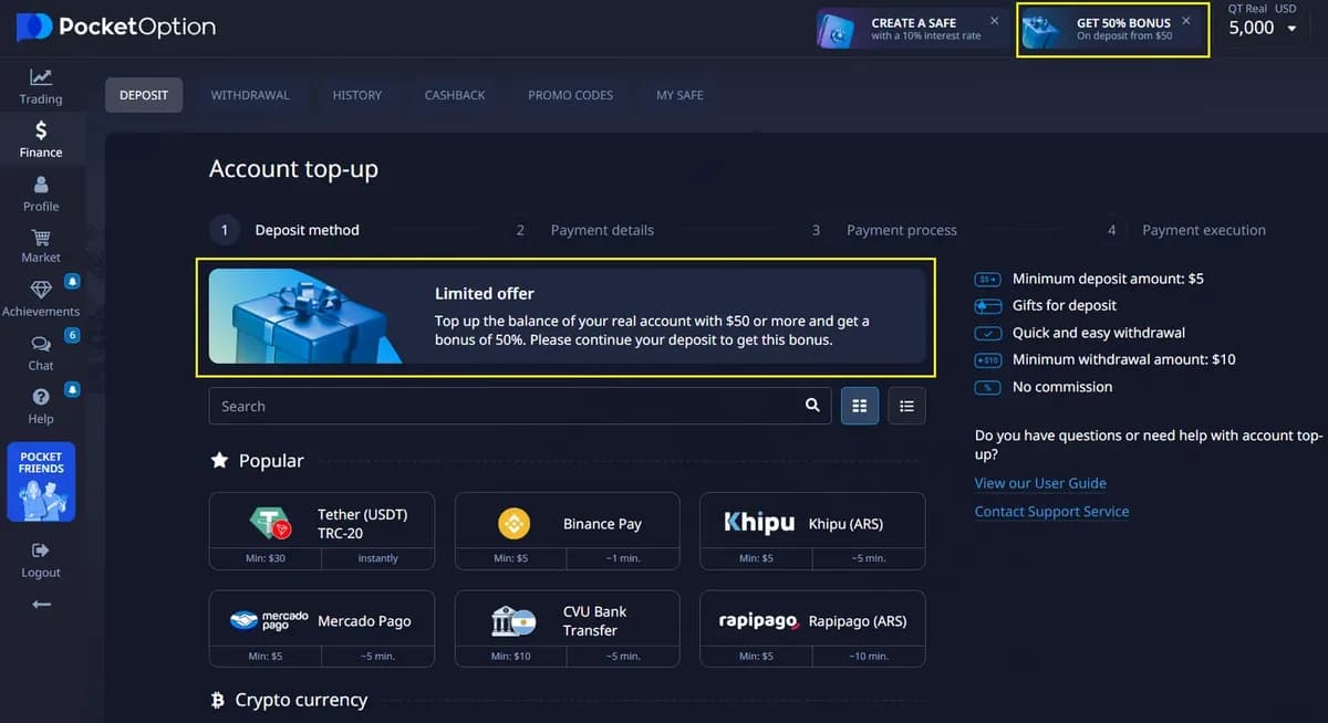 Halaman deposit Pocket Option dengan metode pembayaran dan penawaran bonus