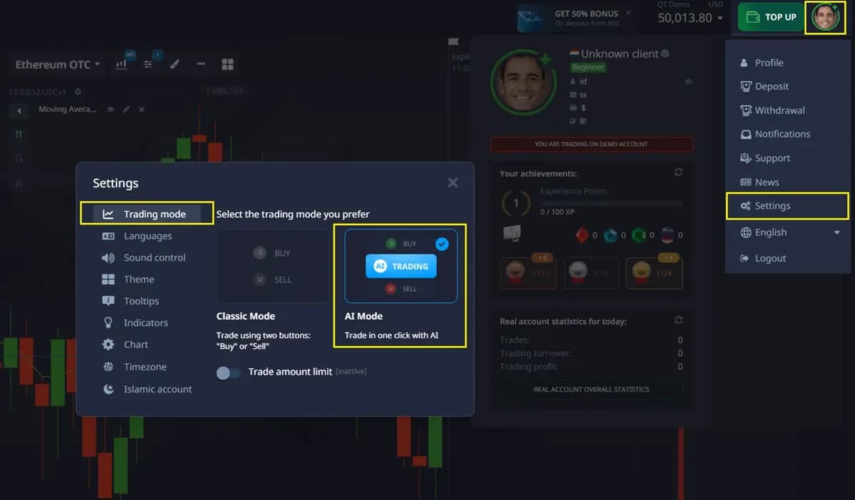Pocket Option settings dialog with Trading mode: Quick trading or Digital trading