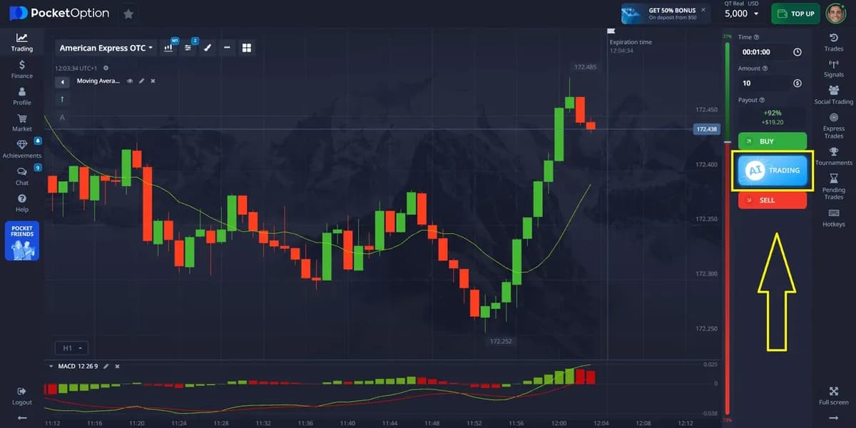 Grafik Pocket Option dengan panah sinyal naik dan turun pada candle
