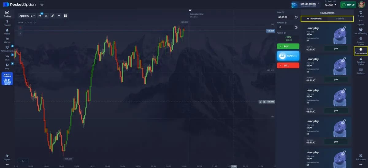 Sidebar kanan terminal Pocket Option dengan Signals, Social Trading, Express Trades, dan Tournaments