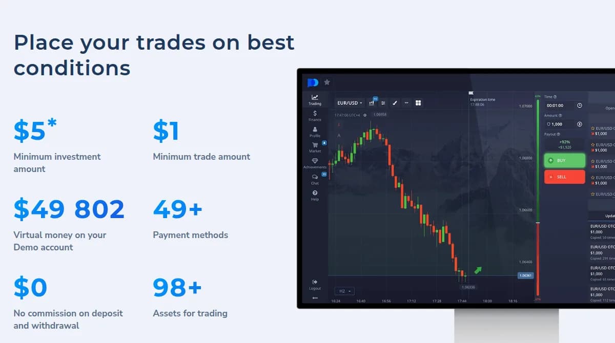 Pocket Option conditions: $5 minimum investment, $1 minimum trade, $0 commission on deposit and withdrawal