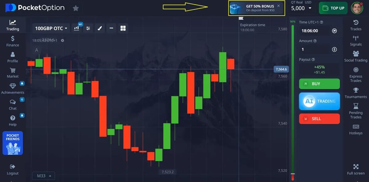 Terminal trading Pocket Option dengan grafik candlestick dan panel order