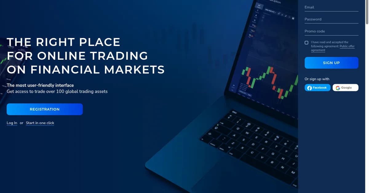 Halaman utama situs resmi Pocket Option dengan panel registrasi