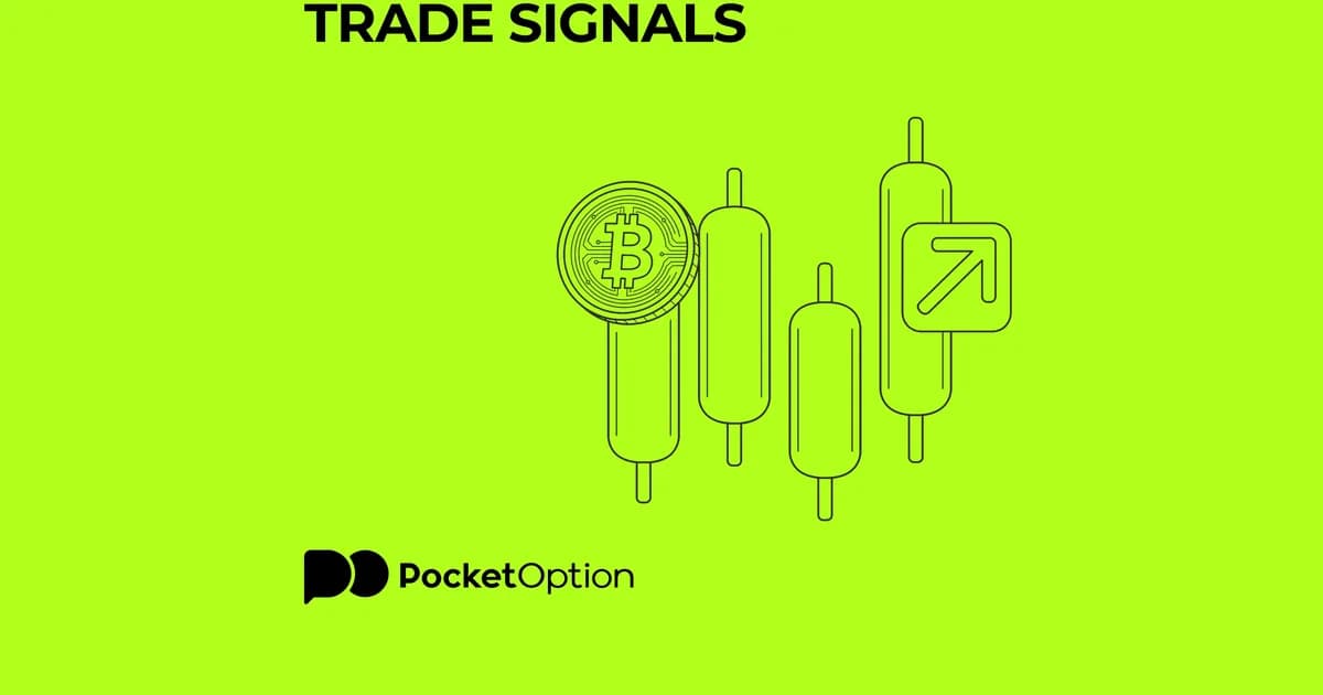 Terminal trading Pocket Option dengan grafik candlestick — sinyal ditampilkan di sidebar kanan