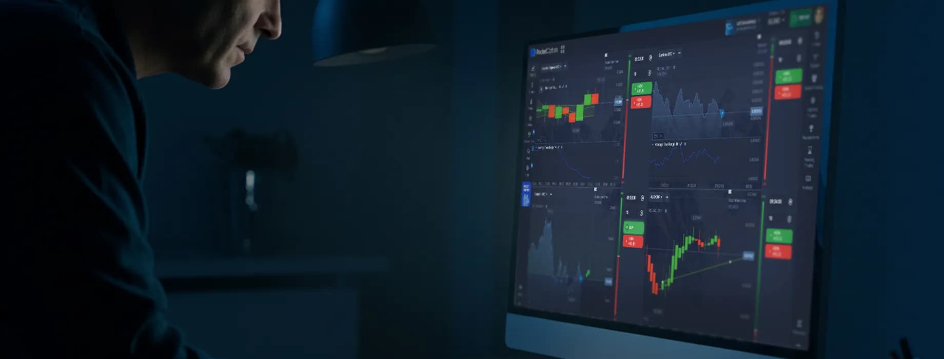 Trader analysing charts in the Pocket Option trading terminal on a desktop monitor