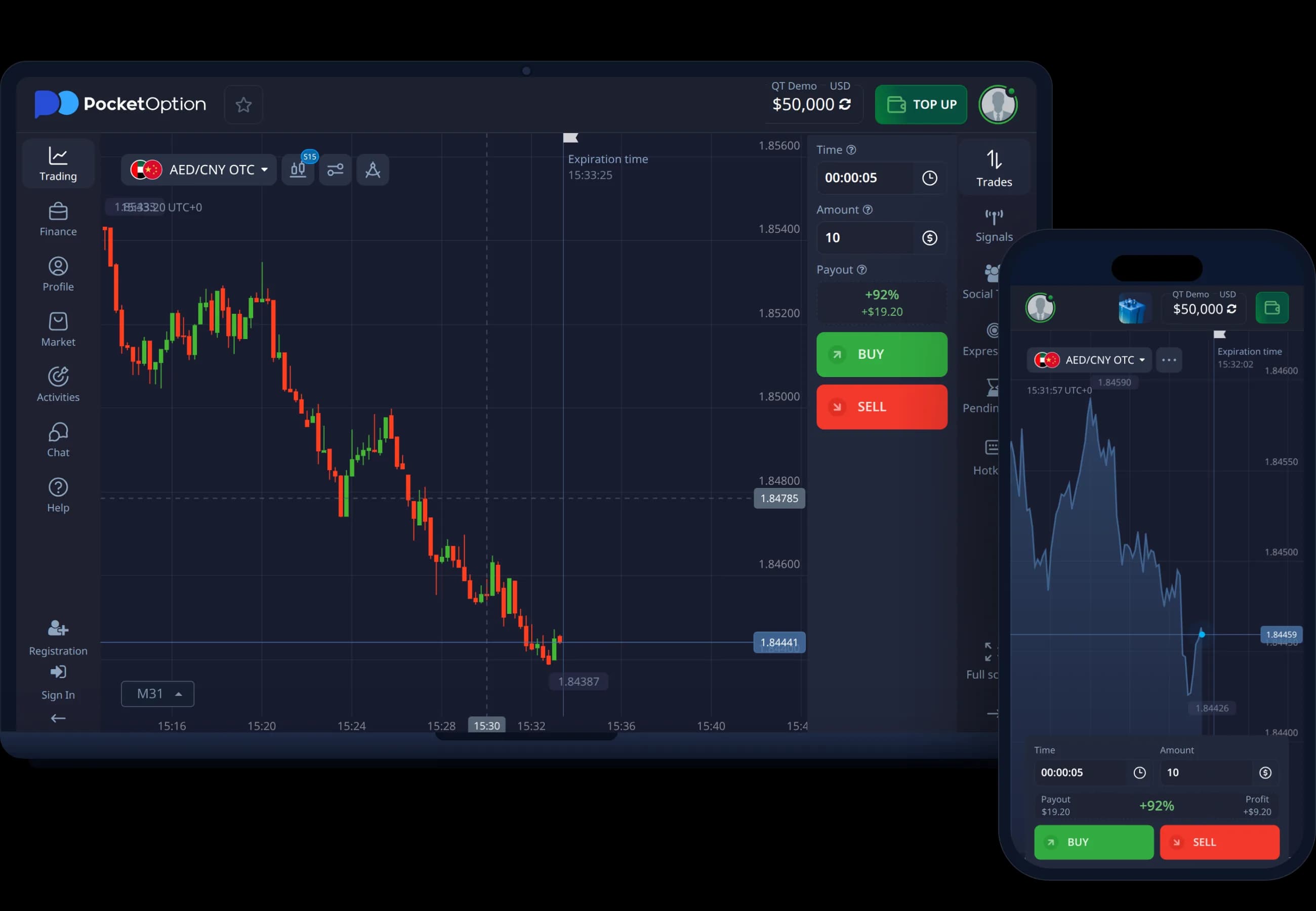 Pocket Option trading platform on laptop and smartphone