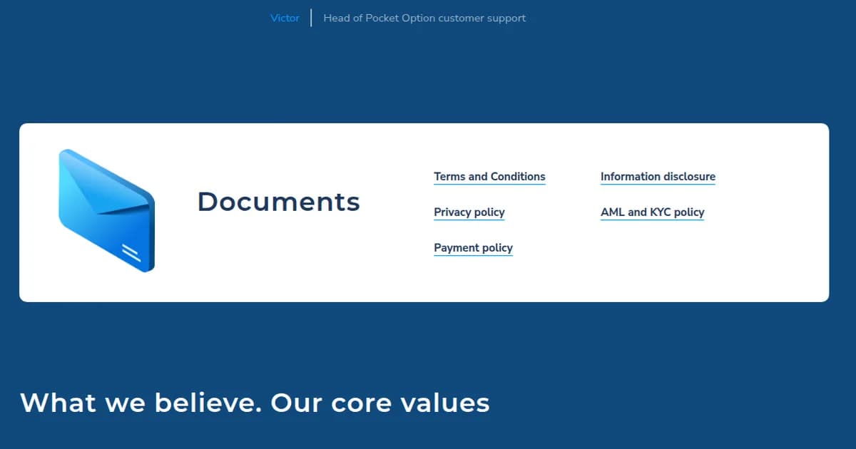 Pocket Option legal documents section: terms and conditions, AML/KYC and payment policy