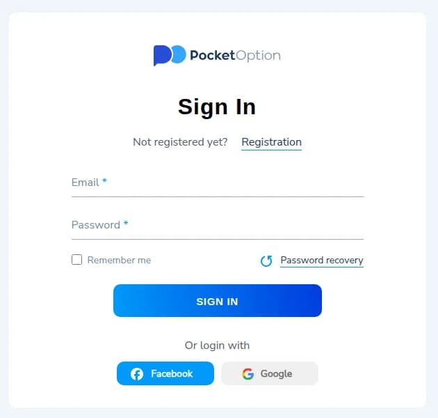 Formulir Masuk Pocket Option dengan e-mail, kata sandi, Ingat saya, dan Pemulihan kata sandi