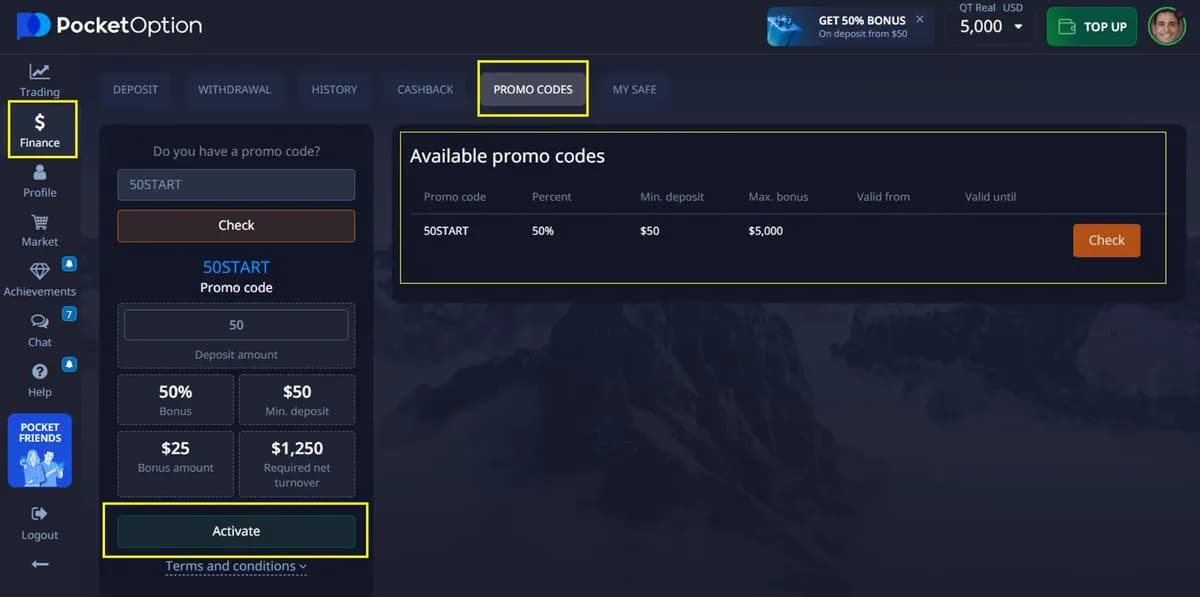 Pocket Option promo codes page with available codes and activation button