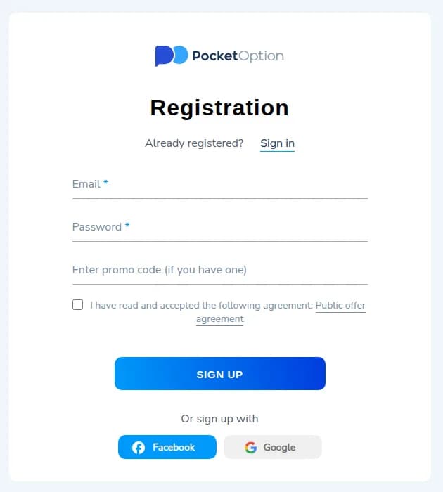 Formulir registrasi Pocket Option dengan e-mail, kata sandi, kode promo, dan tombol Daftar