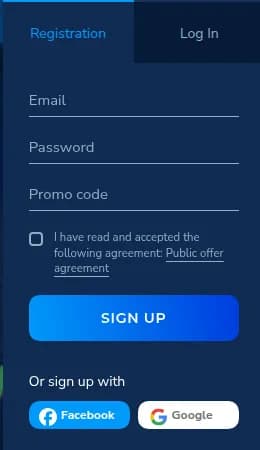 Pocket Option registration panel with e-mail, password and promo code fields