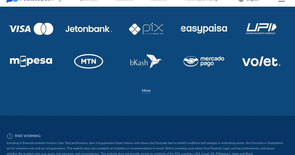 Pocket Option payment method logos: Visa, Mastercard, Pix, UPI, M-Pesa and more