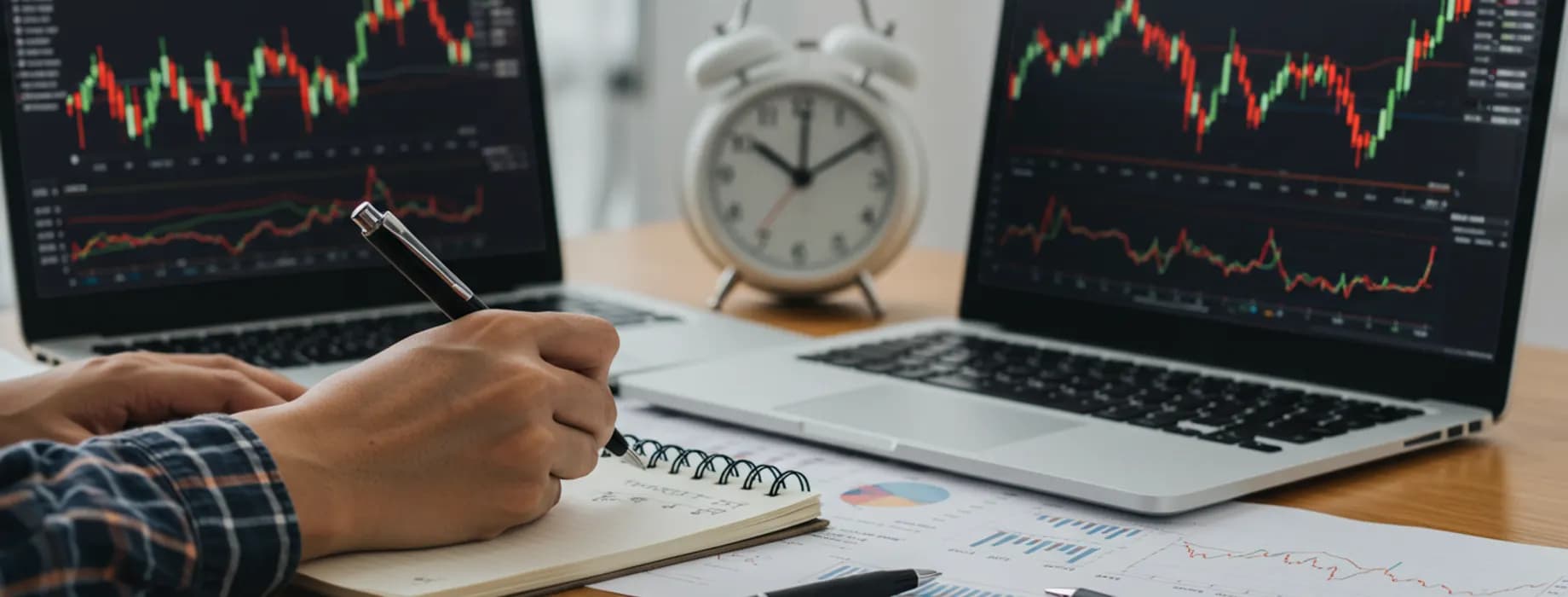 Trader analysing indicator charts on two laptops — technical analysis on Pocket Option
