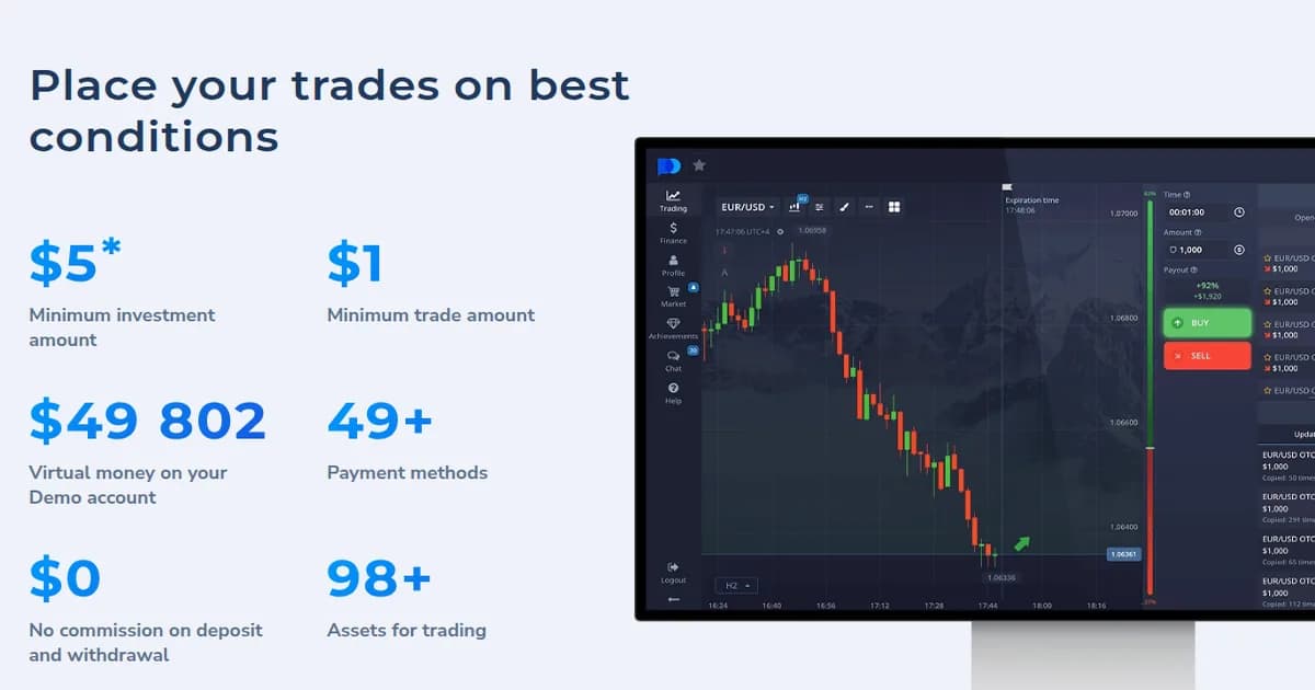 Pocket Option trading conditions: $5 minimum deposit, $1 minimum trade, $0 commission