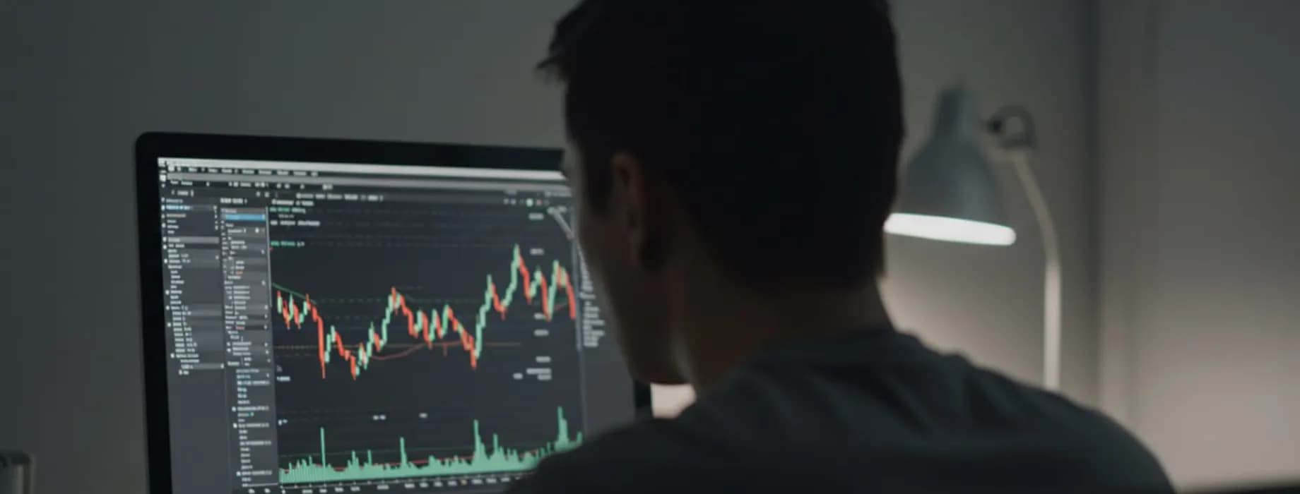Trader watching a price chart on a monitor at night — managing risk on Pocket Option