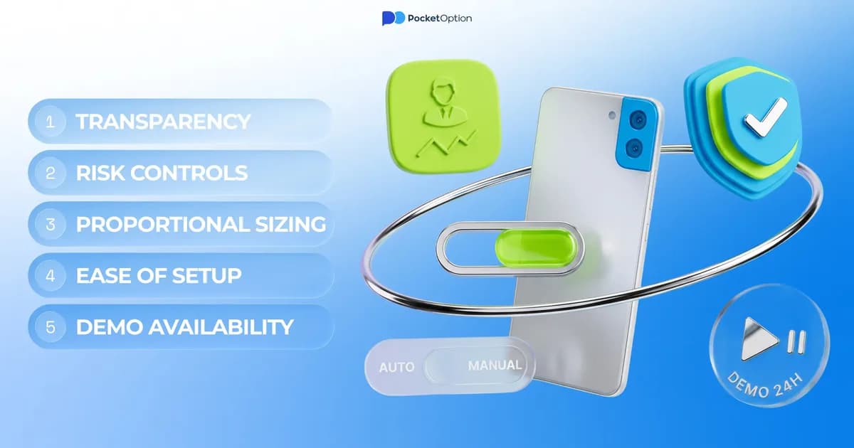 Ilustrasi fitur copy trading — transparansi, kontrol risiko, dan ukuran proporsional di Pocket Option